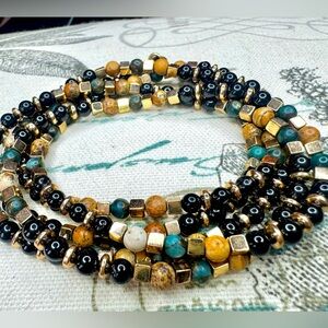 Artisan Earthy Jasper & Black Tourmaline Beaded Wire Wrap Bracelet